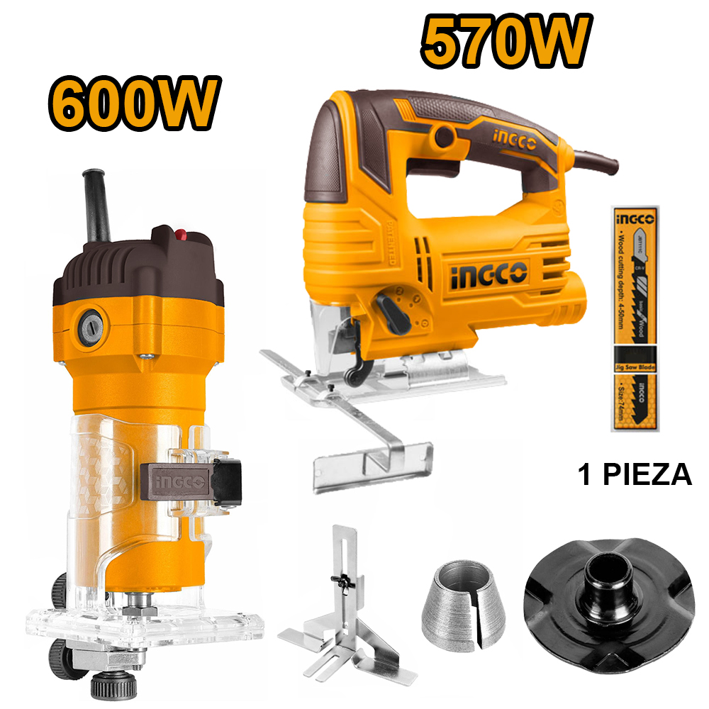 COMBO FRESADORA RUTEADORA INGCO 600W PLM6001 + SIERRA CALADORA INGCO 570W JS57028 - 1