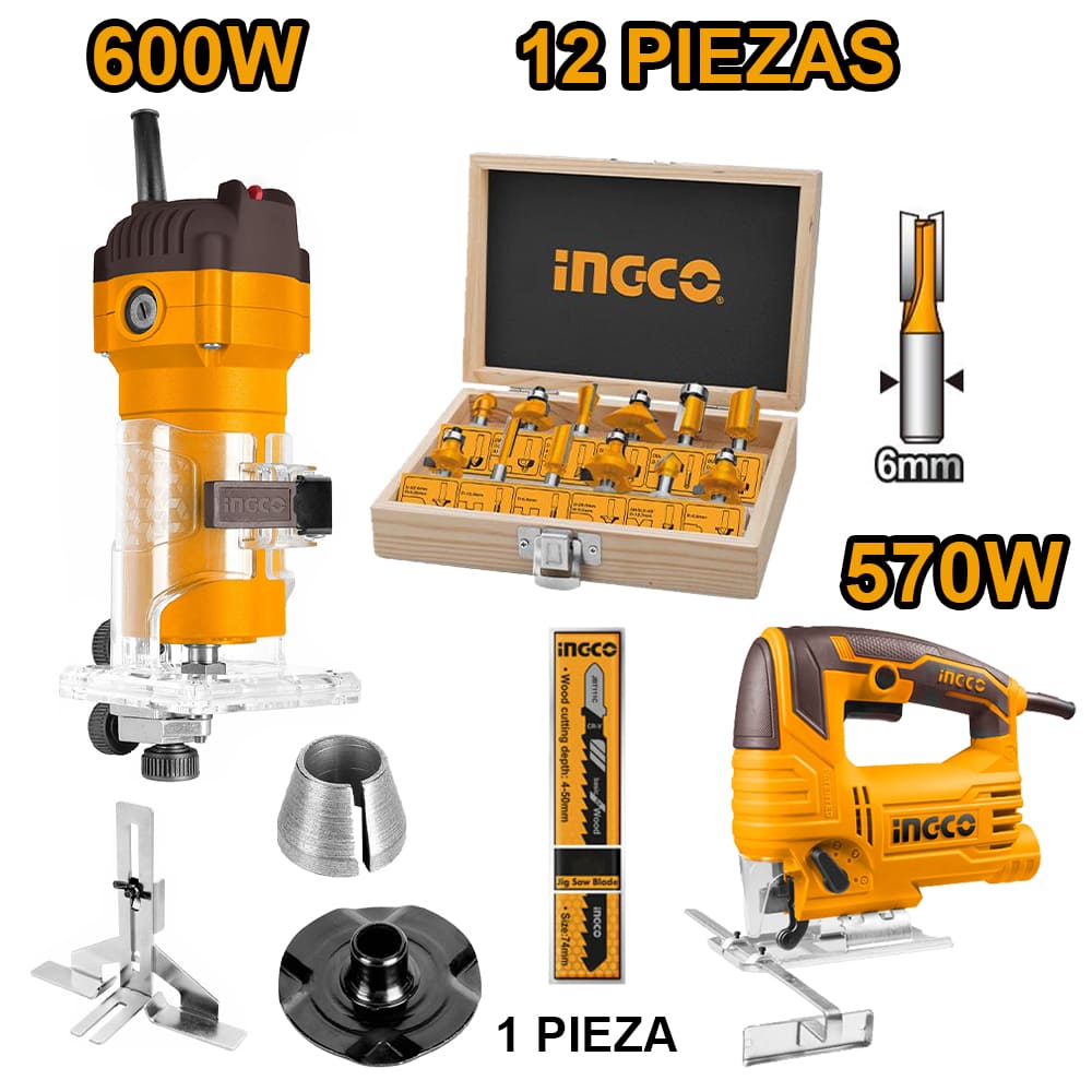 COMBO RUTEADORA INGCO 600W PLM6001 + SET 12 FRESAS 6MM AKRT1201 + SIERRA CALADORA 570W JS57028 - 1