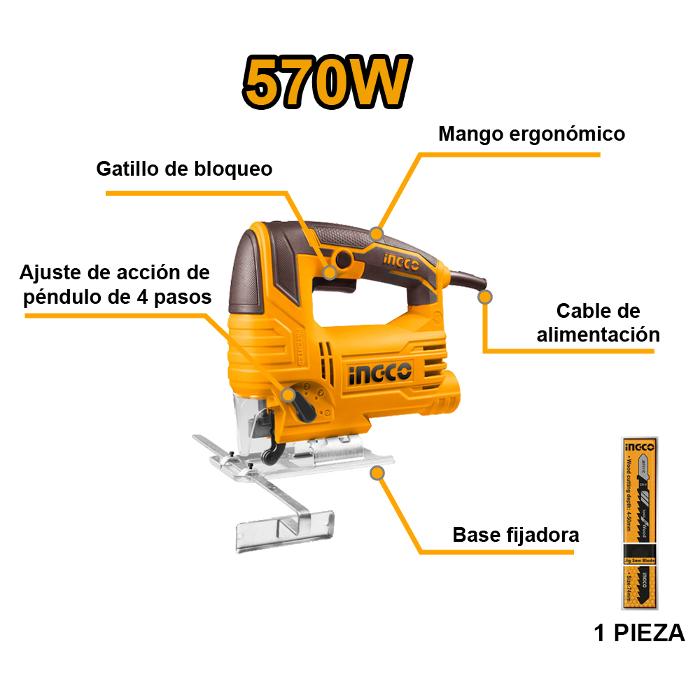 COMBO RUTEADORA INGCO 600W PLM6001 + SET 12 FRESAS 6MM AKRT1201 + SIERRA CALADORA 570W JS57028 - 7