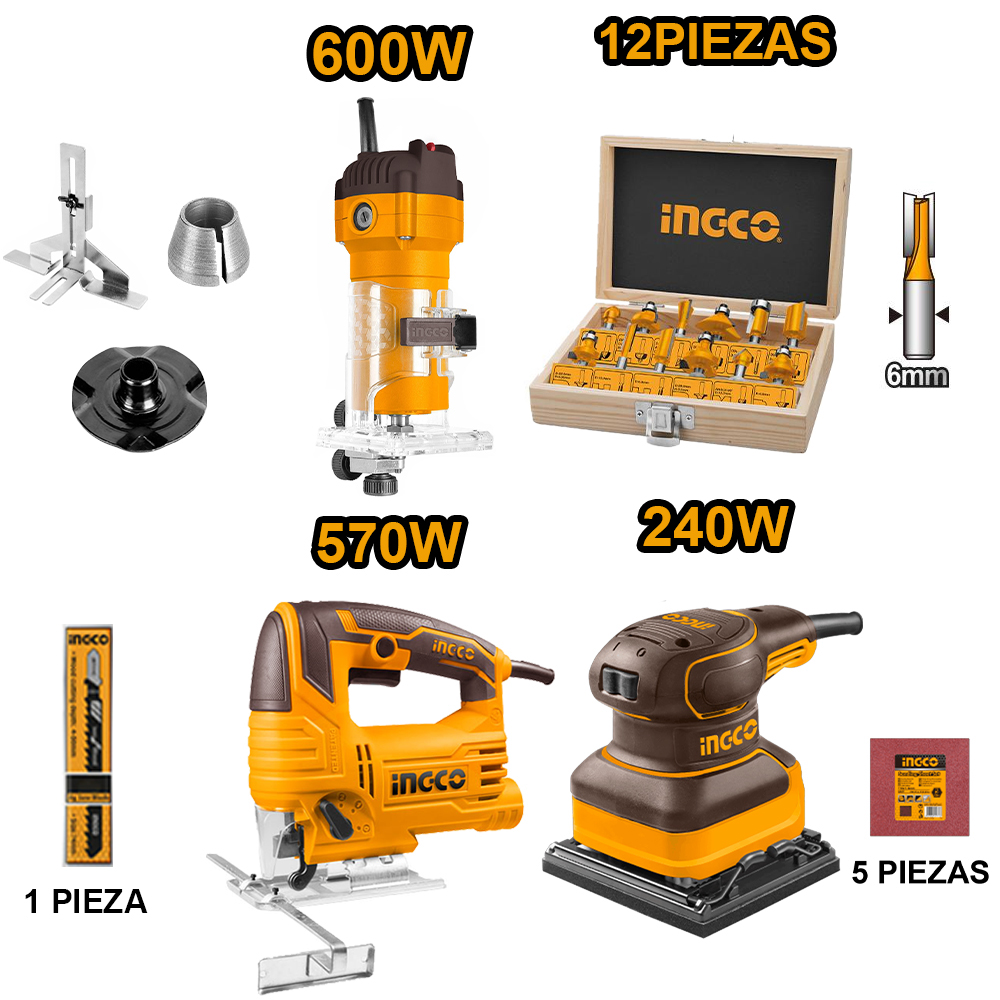 COMBO RUTEADORA 600W PLM6001 + FRESAS AKRT1201 + SIERRA CALADORA 570W JS57028 + LIJADORA 240W PS2416 - 1