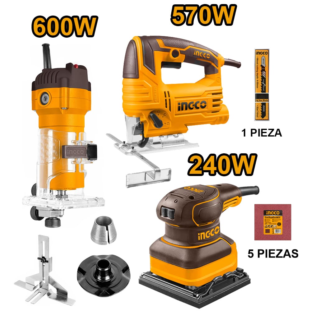 COMBO RUTEADORA INGCO 600W PLM6001 + SIERRA CALADORA 570W JS57028 + LIJADORA ORBITAL 240W PS2416 - 1