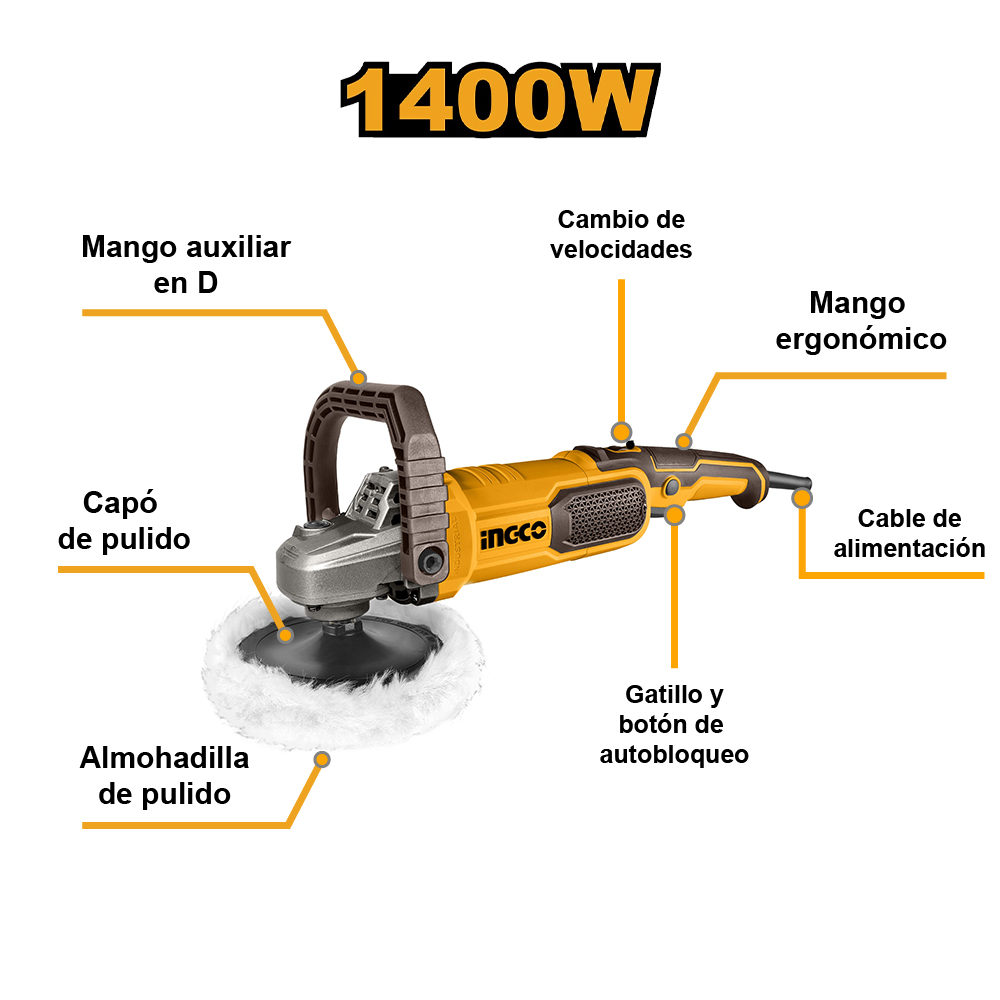 PULIDORA ANGULAR INGCO 1400W 7' 180MM AP140016 - 2
