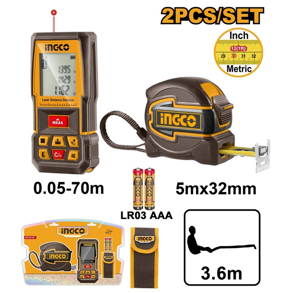 KIT MEDIDOR DE DISTANCIA LÁSER INGCO 70M + WINCHA 5MX32MM HLDD241201 - 1