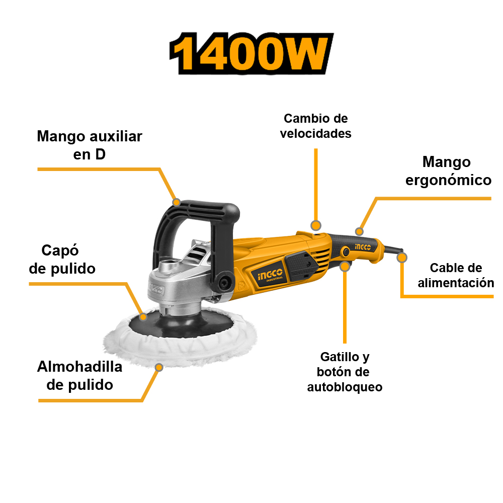 COMBO PULIDORA INGCO 1400W 7' AP140016 + HIDROLAVADORA INGCO 1400W 130 BAR HPWR14008 - 2