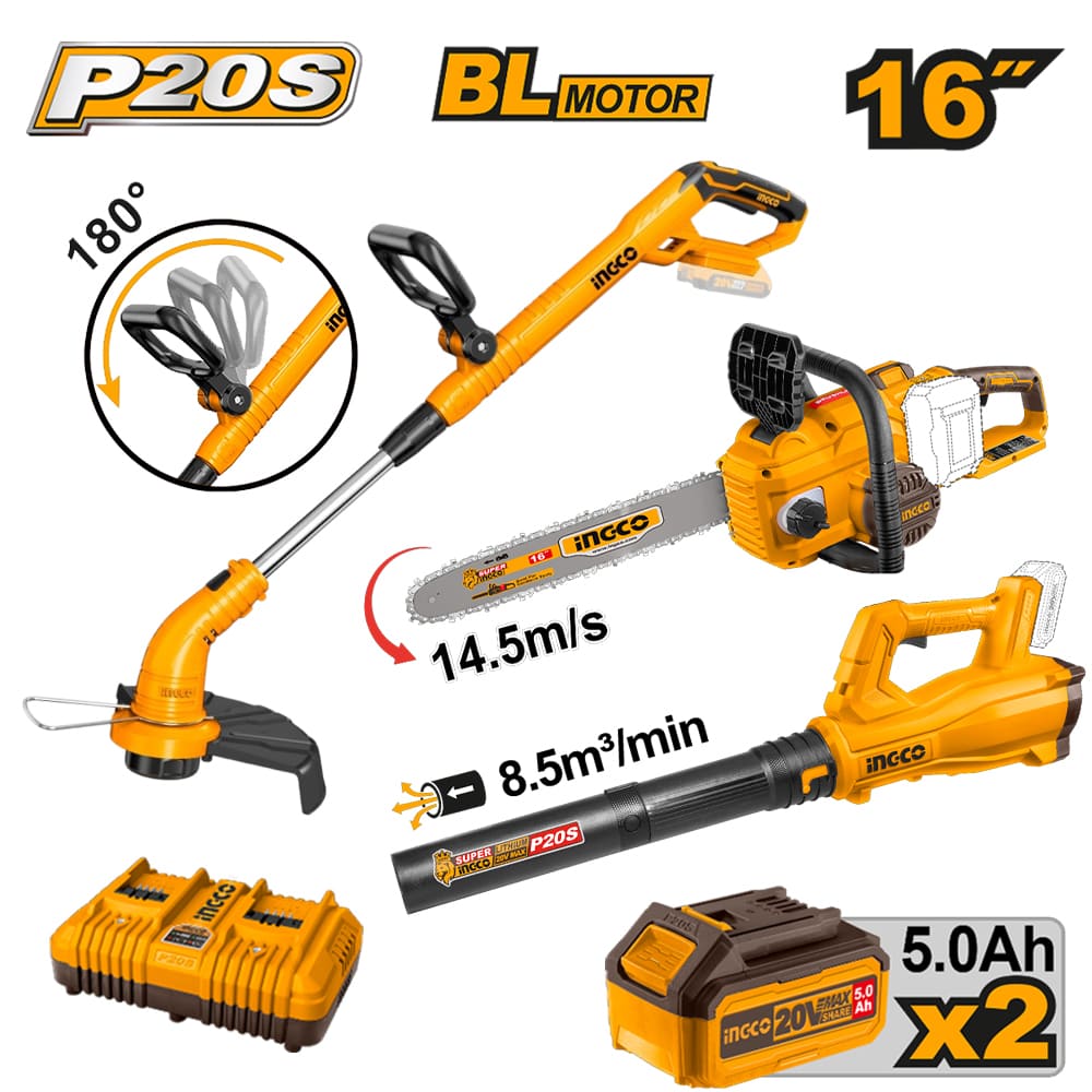 COMBO MOTOSIERRA INGCO 20V 16" + SOPLADOR 20V COSLI240463 + CORTADOR DE CÉSPED CGTLI20018 - 1
