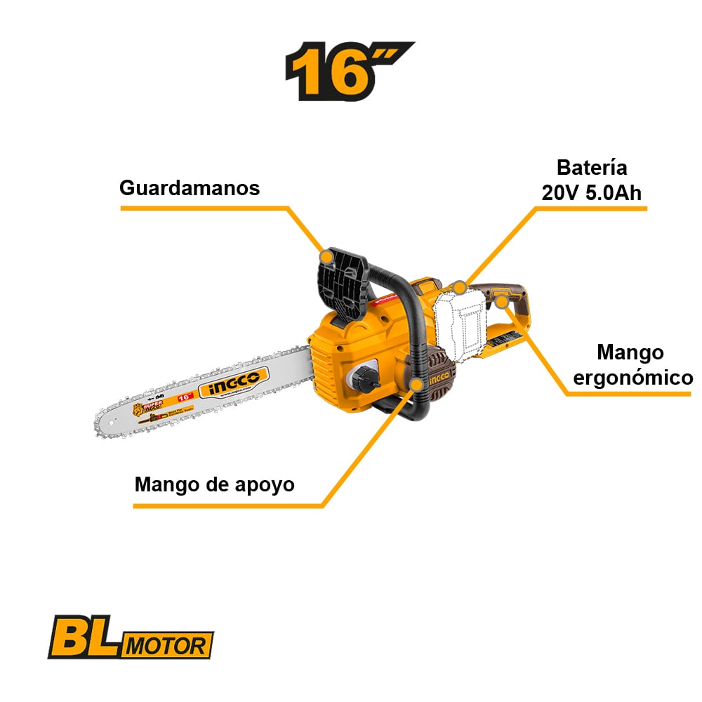 COMBO MOTOSIERRA INGCO 20V 16" + SOPLADOR 20V COSLI240463 + CORTADOR DE CÉSPED CGTLI20018 - 2