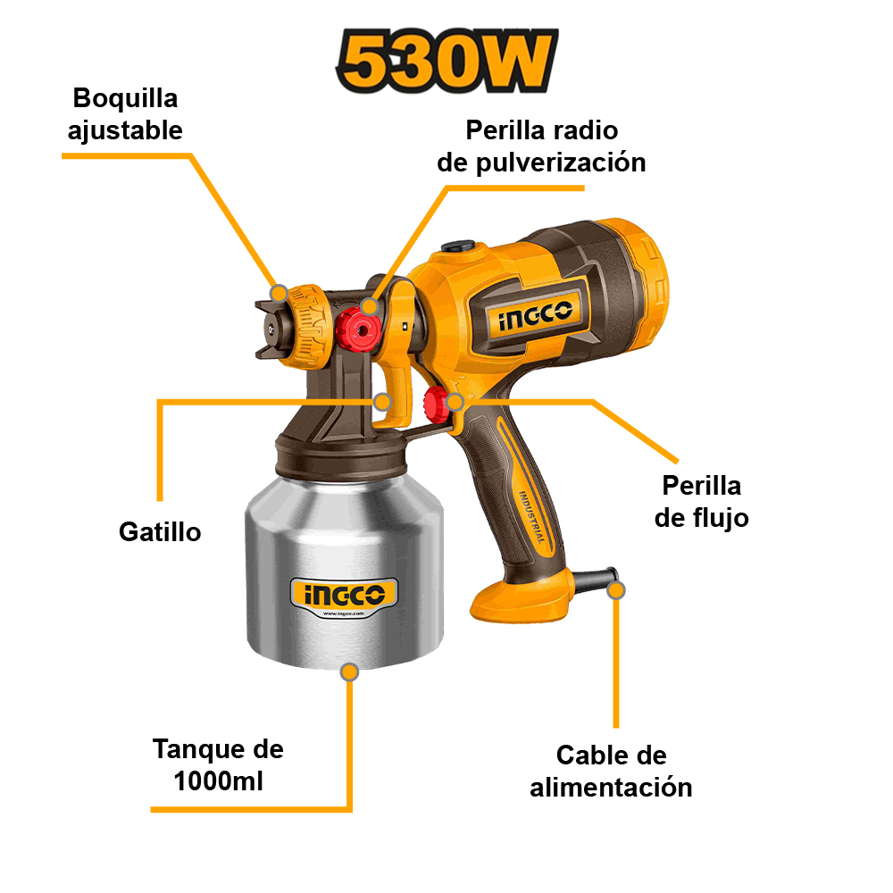 PISTOLA PARA PINTAR TANQUE INOXIDABLE ELÉCTRICA INGCO 530W SPG45061 - 3