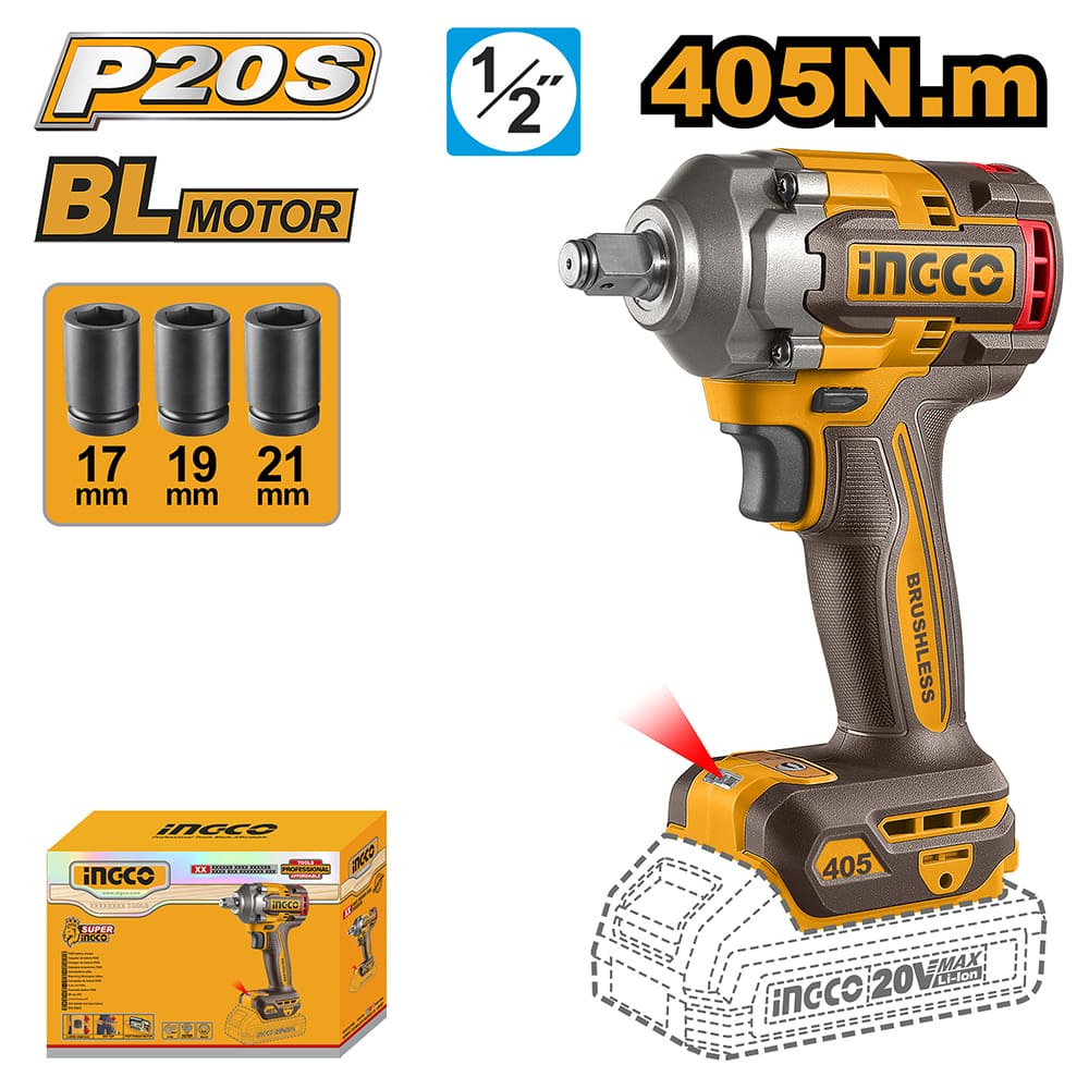 LLAVE DE IMPACTO BRUSHLESS INGCO 20V 405NM 1/2' CIWLI20451 - 1