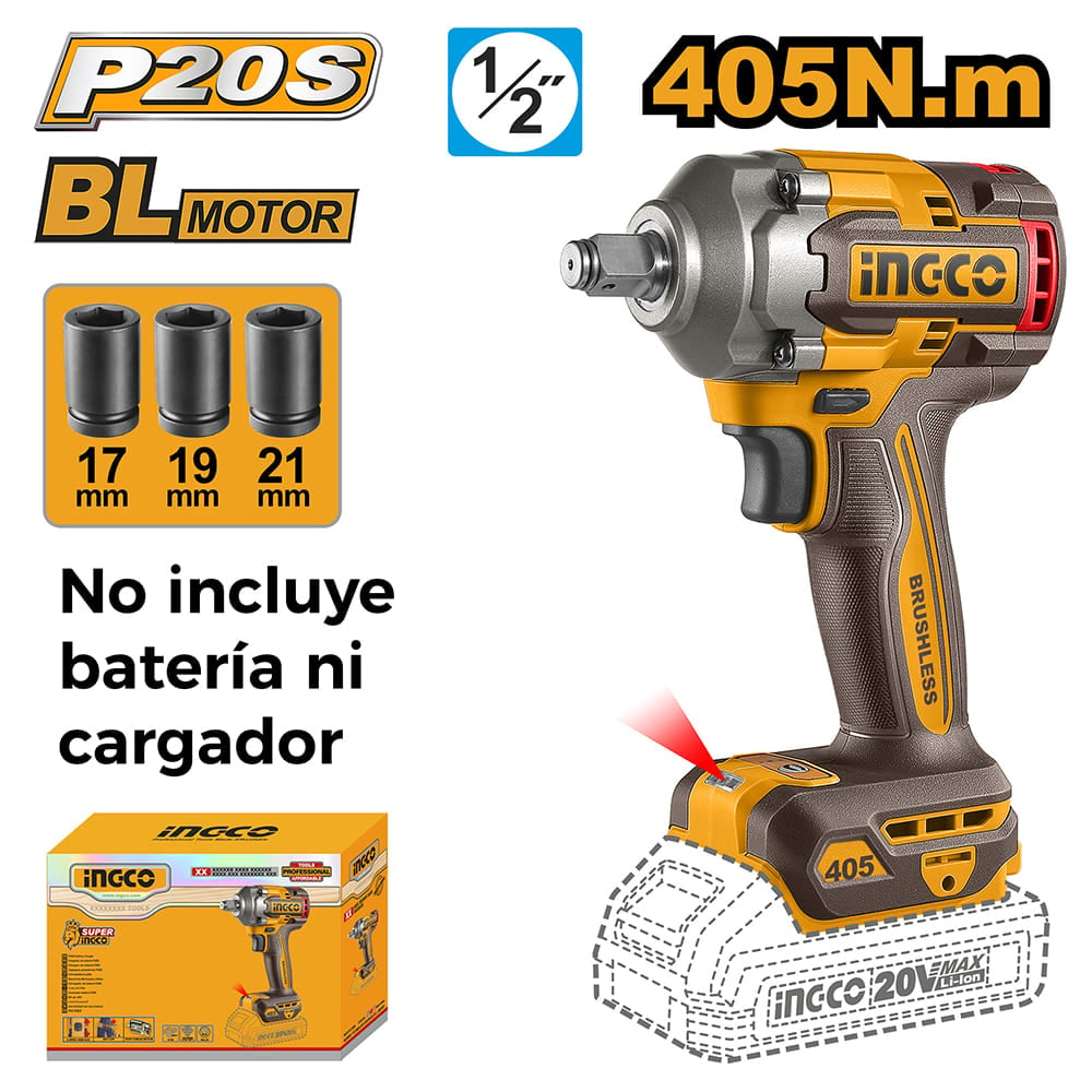 LLAVE DE IMPACTO BRUSHLESS INGCO 20V 405NM 1/2' CIWLI20451 - 2