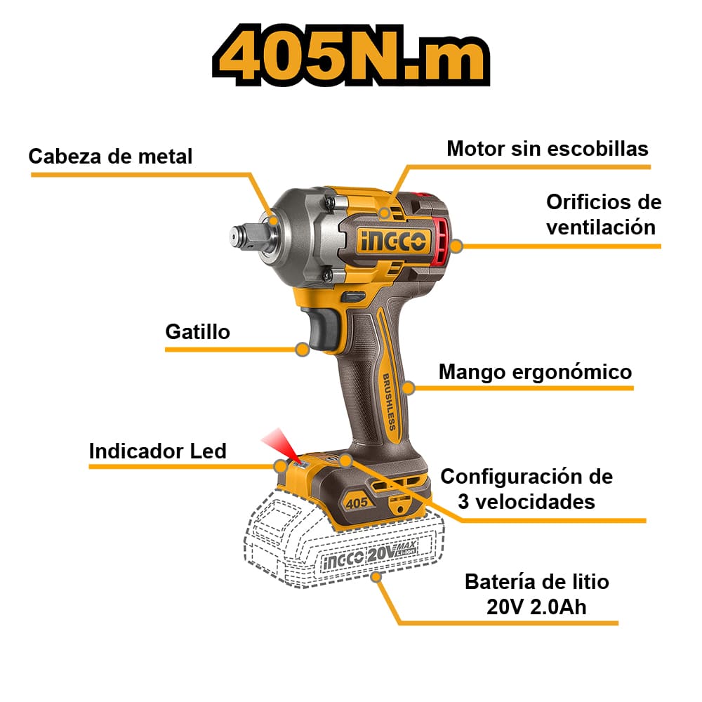 LLAVE DE IMPACTO BRUSHLESS INGCO 20V 405NM 1/2' CIWLI20451 - 3