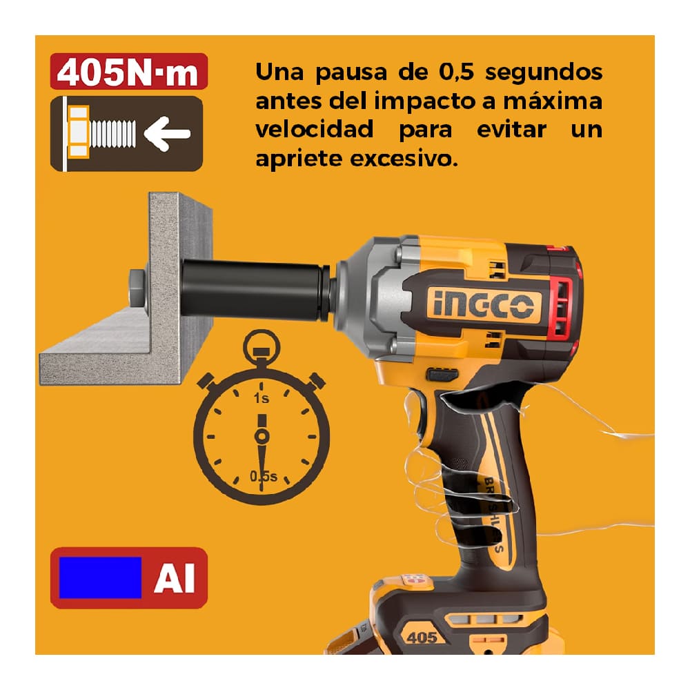 LLAVE DE IMPACTO BRUSHLESS INGCO 20V 405NM 1/2' CIWLI20451 - 6