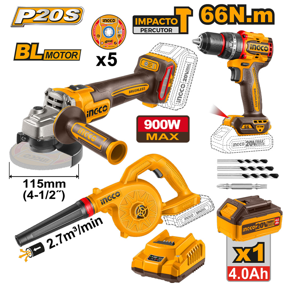 COMBO PERCUTOR INGCO 20V 66NM CIDLI206681 + AMOLADORA 20V 115MM CAGLI261521 + SOPLADOR 20V CABLI2078 - 1
