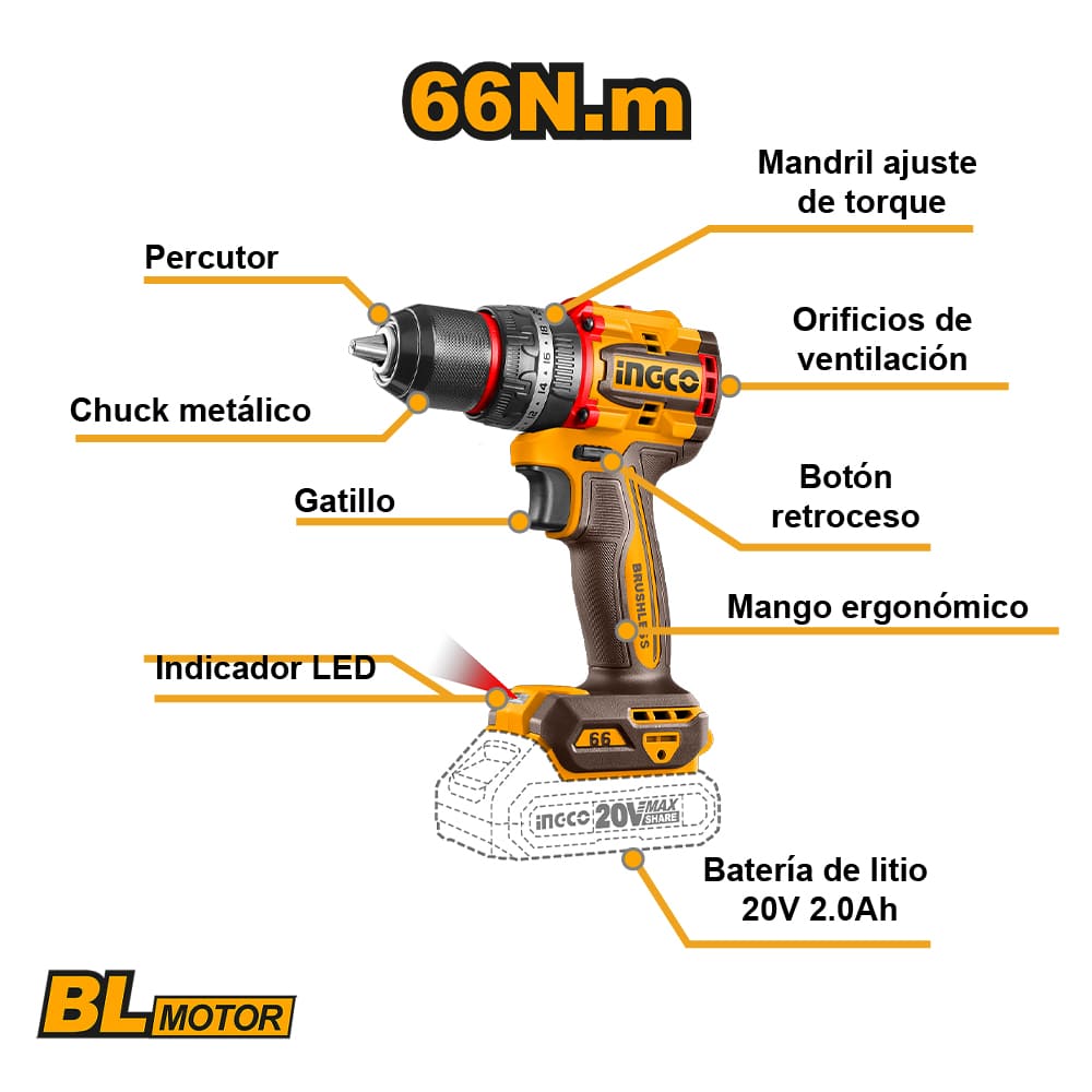 COMBO PERCUTOR INGCO 20V 66NM CIDLI206681 + AMOLADORA 20V 115MM CAGLI261521 + SOPLADOR 20V CABLI2078 - 4