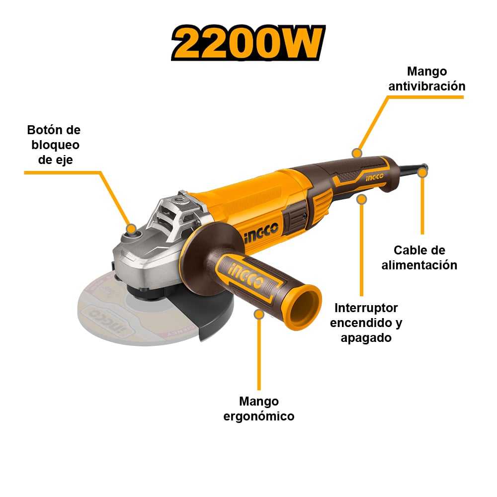AMOLADORA ANGULAR INGCO 2200W 9' 230MM AG220018 - 2