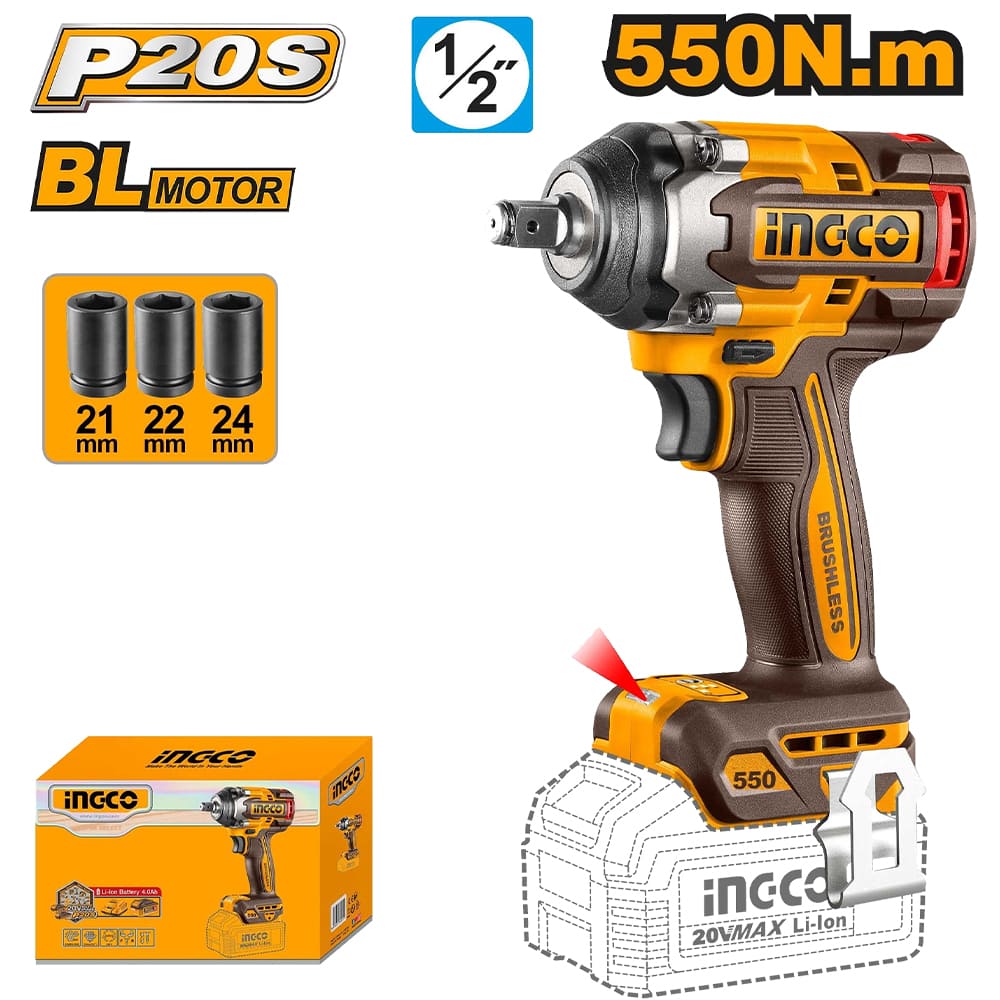 LLAVE DE IMPACTO BRUSHLESS INGCO 20V 550NM 1/2' CIWLI20551 - 1
