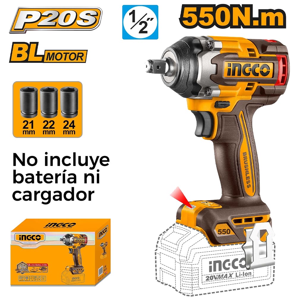 LLAVE DE IMPACTO BRUSHLESS INGCO 20V 550NM 1/2' CIWLI20551 - 2
