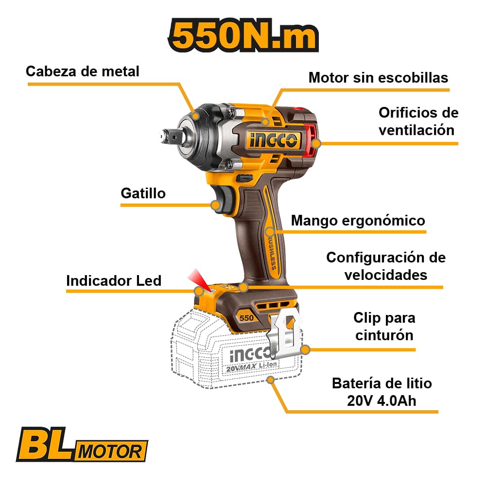 LLAVE DE IMPACTO BRUSHLESS INGCO 20V 550NM 1/2' CIWLI20551 - 3