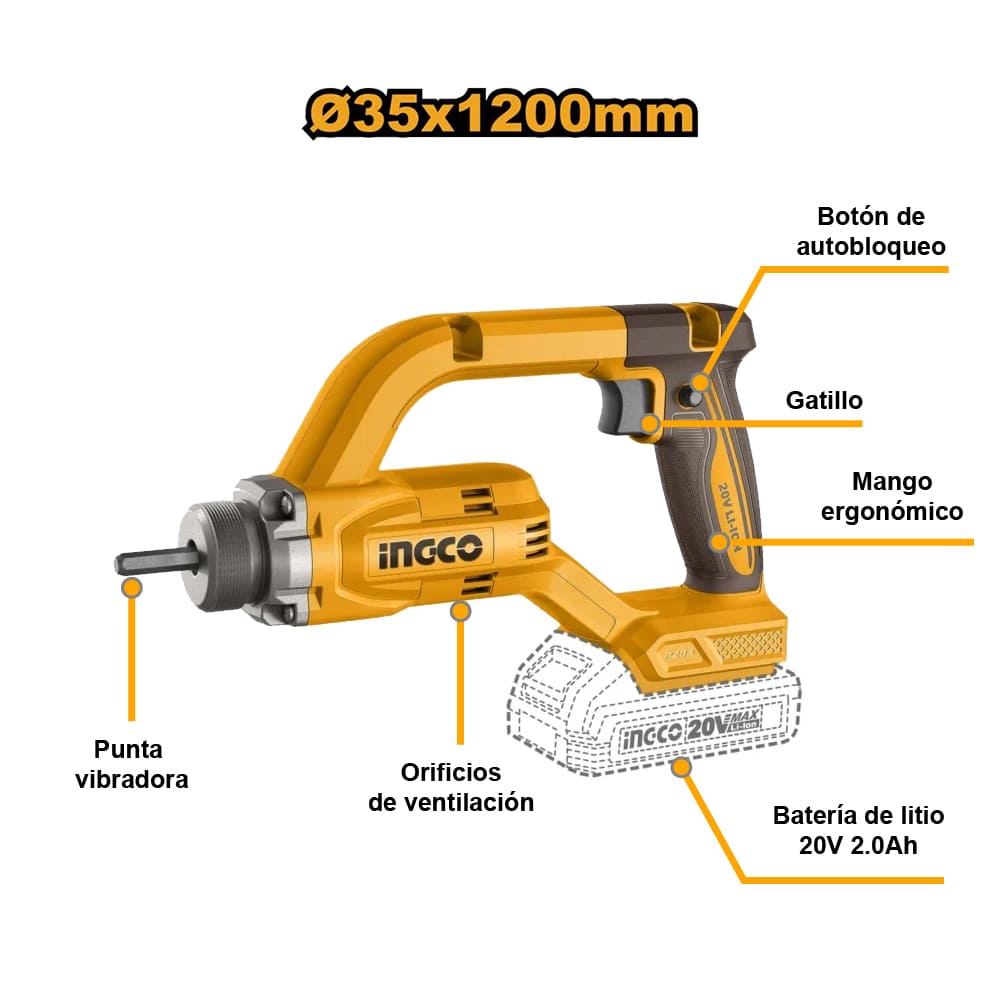 VIBRADOR DE CONCRETO INGCO 20V + 2 BATERÍAS 2.0AH + CARGADOR CCVLI2025021 - 2
