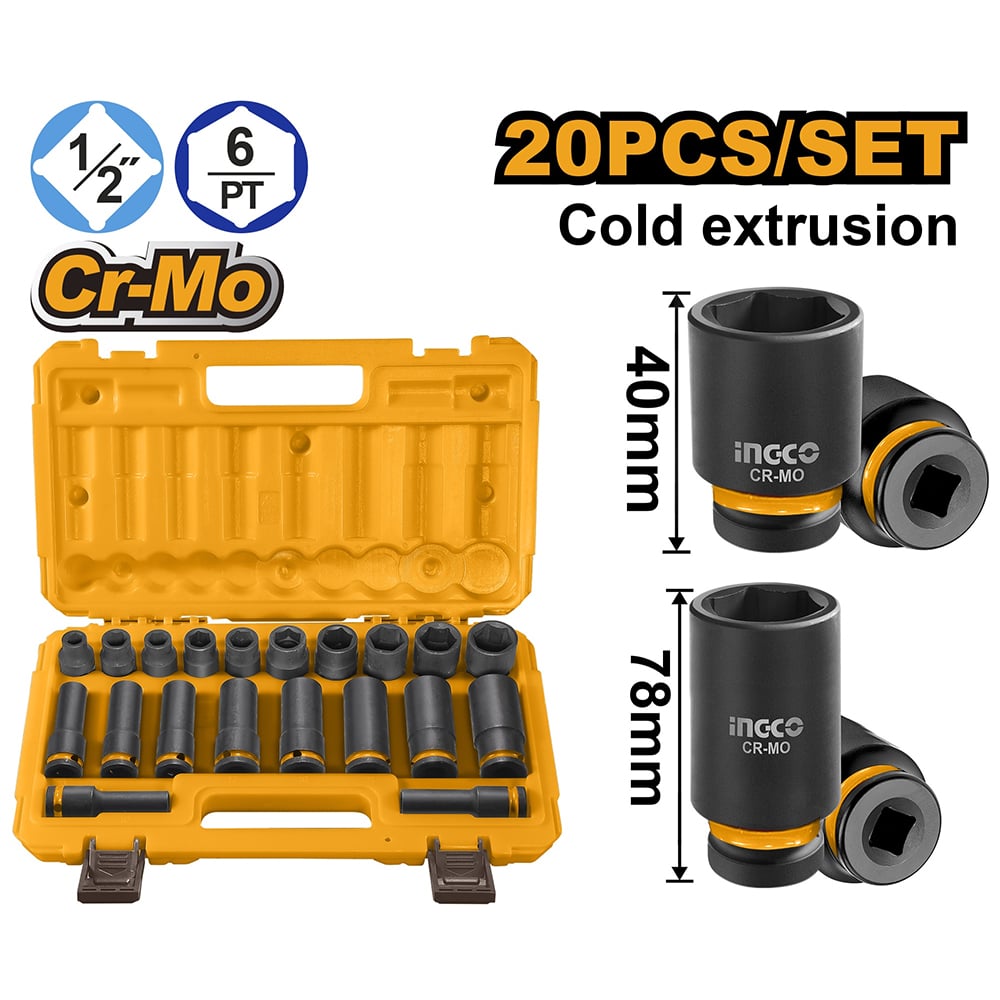SET 20 DADOS DE IMPACTO INGCO 1/2' HKISSD12203L - 1