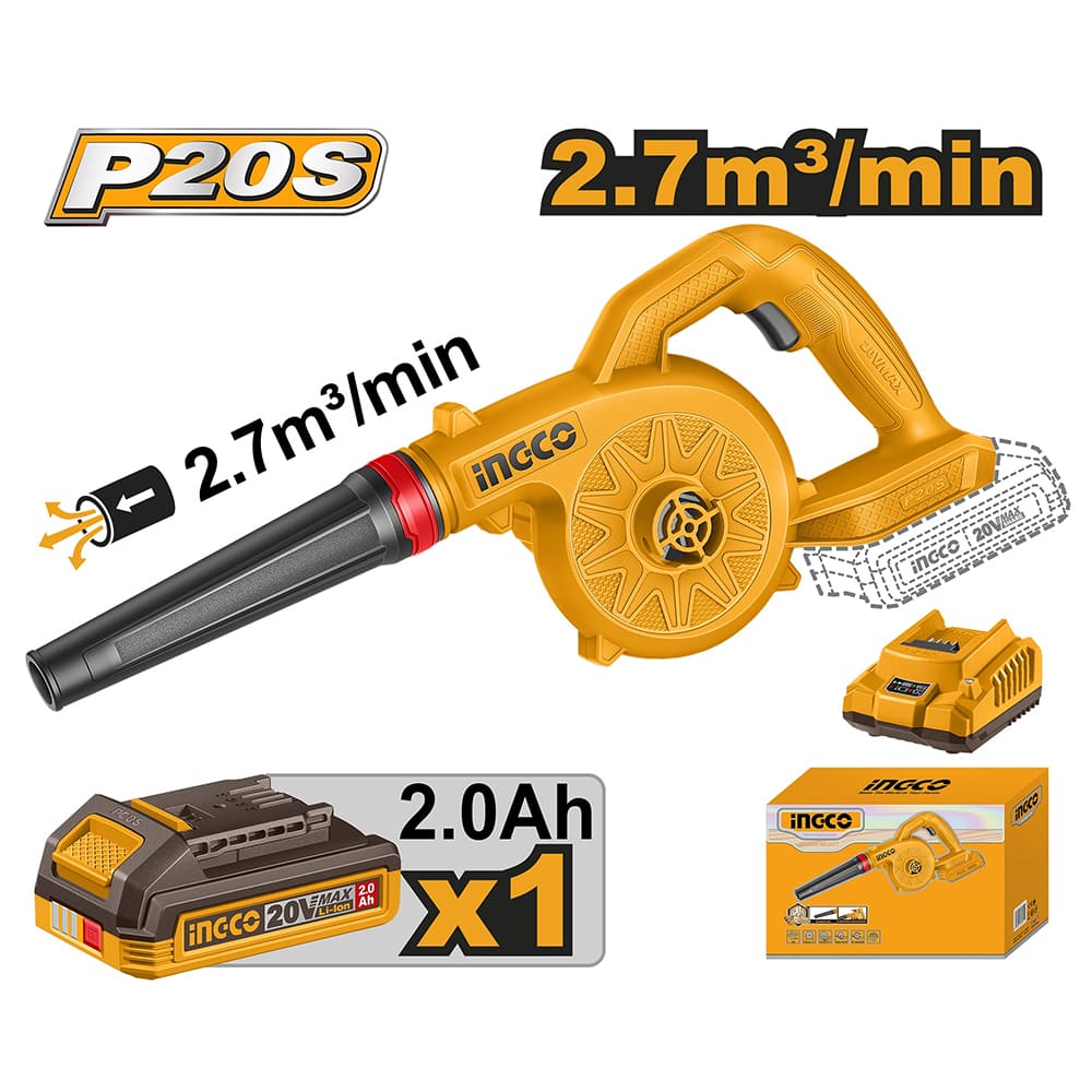 SOPLADORA INALÁMBRICA INGCO 20V 2.7 M³/MIN + BATERÍA 2.0AH + CARGADOR CABLI20781 - 1