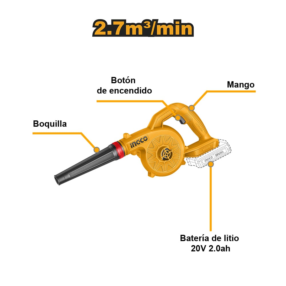 SOPLADORA INALÁMBRICA INGCO 20V 2.7 M³/MIN + BATERÍA 2.0AH + CARGADOR CABLI20781 - 2