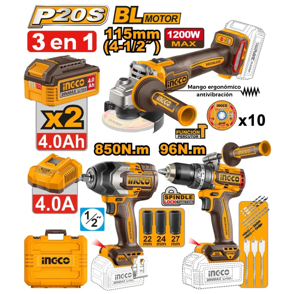 KIT BRUSHLESS INGCO PERCUTOR 20V 96NM + LLAVE DE IMPACTO 20V 850NM + AMOLADORA 20V 1200W COSLI251292 - 1