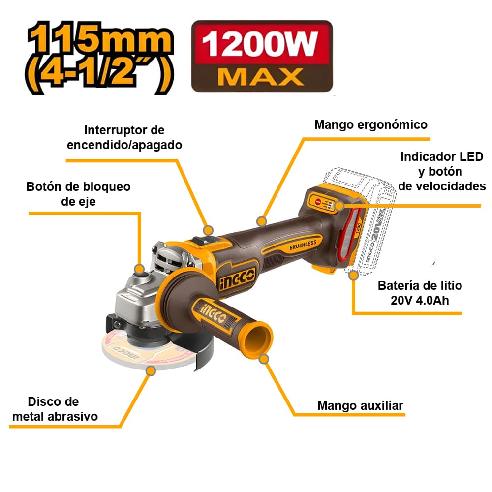 KIT BRUSHLESS INGCO PERCUTOR 20V 96NM + LLAVE DE IMPACTO 20V 850NM + AMOLADORA 20V 1200W COSLI251292 - 2
