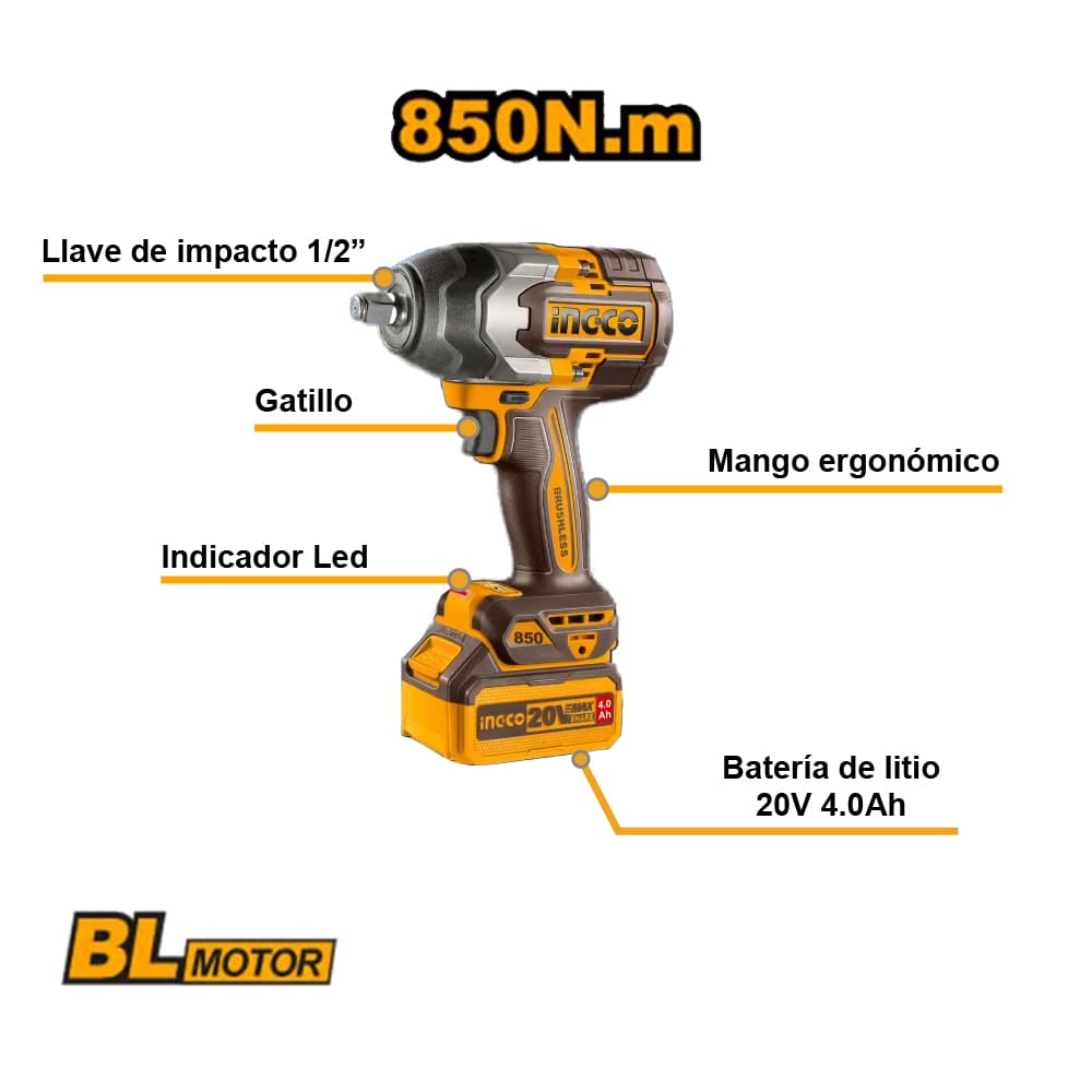 KIT BRUSHLESS INGCO PERCUTOR 20V 96NM + LLAVE DE IMPACTO 20V 850NM + AMOLADORA 20V 1200W COSLI251292 - 6