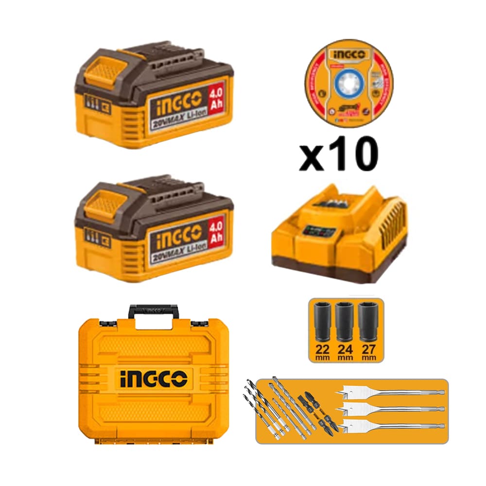 KIT BRUSHLESS INGCO PERCUTOR 20V 96NM + LLAVE DE IMPACTO 20V 850NM + AMOLADORA 20V 1200W COSLI251292 - 8