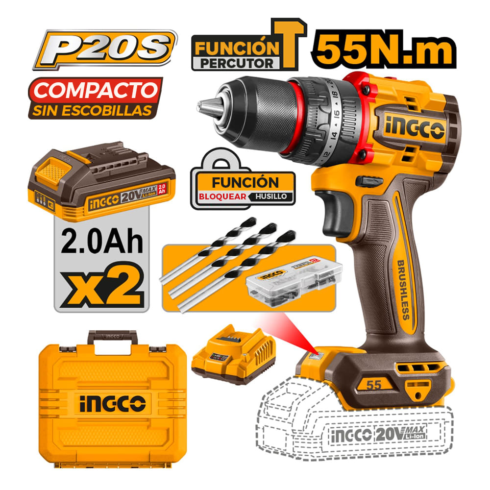 TALADRO ATORNILLADOR PERCUTOR BRUSHLESS CHUCK METÁLICO INGCO 20V 55NM + 2 BATERÍAS 2.0AH CIDLI20558 - 1