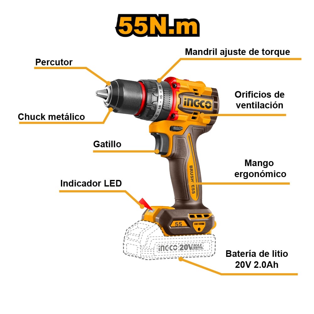 TALADRO ATORNILLADOR PERCUTOR BRUSHLESS CHUCK METÁLICO INGCO 20V 55NM + 2 BATERÍAS 2.0AH CIDLI20558 - 2