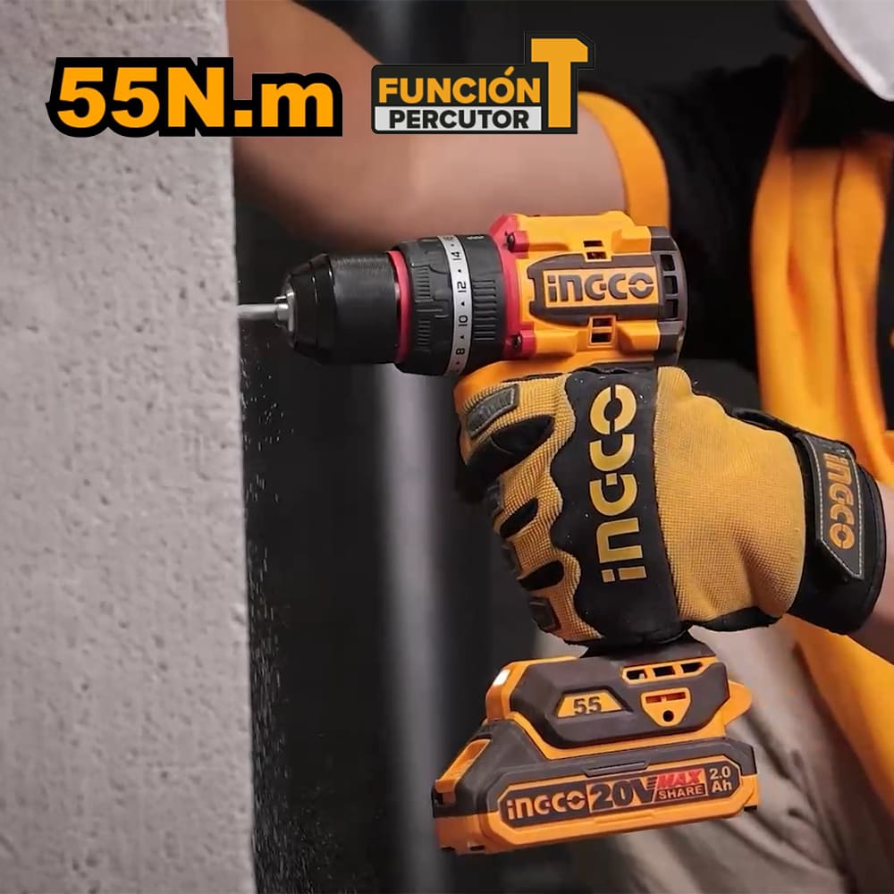 TALADRO ATORNILLADOR PERCUTOR BRUSHLESS CHUCK METÁLICO INGCO 20V 55NM + 2 BATERÍAS 2.0AH CIDLI20558 - 6