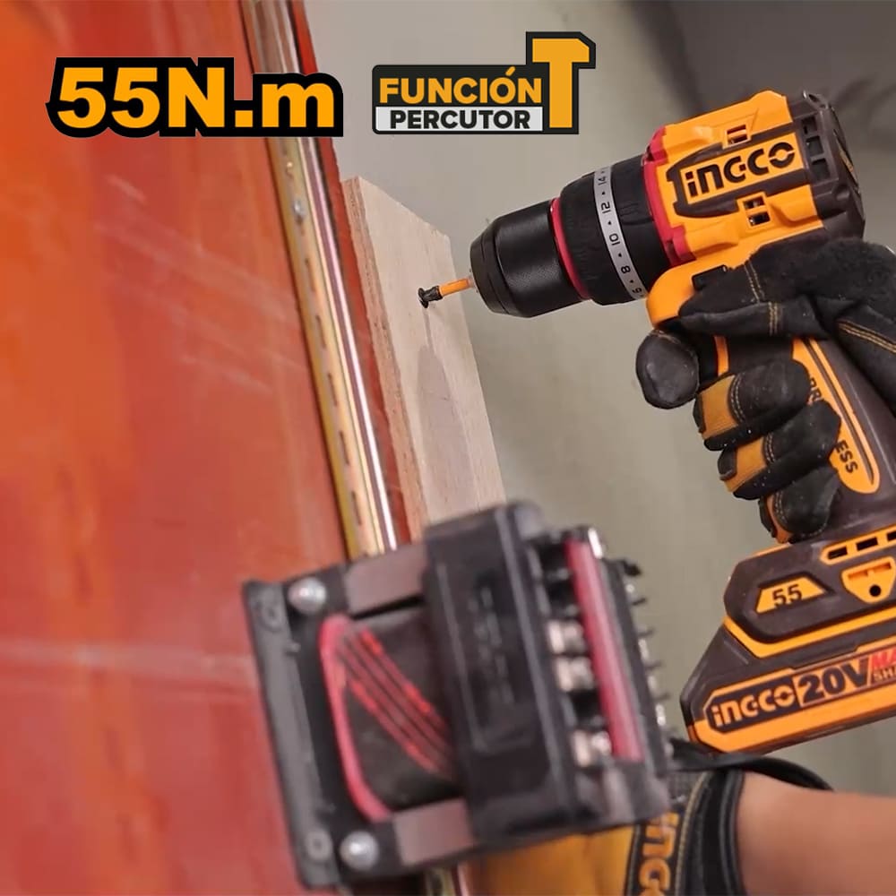 TALADRO ATORNILLADOR PERCUTOR BRUSHLESS CHUCK METÁLICO INGCO 20V 55NM + 2 BATERÍAS 2.0AH CIDLI20558 - 7