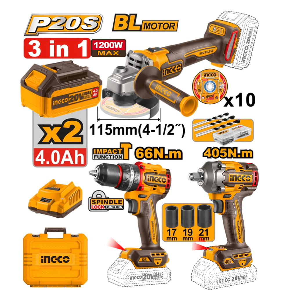 KIT 3 HERRAMIENTAS INGCO PERCUTOR 66NM + AMOLADORA 1200W + LLAVE DE IMPACTO 405NM CKLI20358 - 1