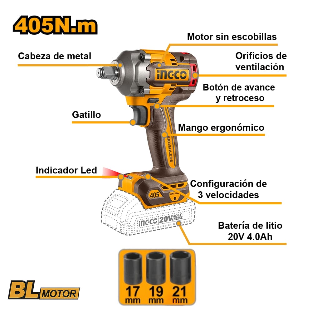 KIT 3 HERRAMIENTAS INGCO PERCUTOR 66NM + AMOLADORA 1200W + LLAVE DE IMPACTO 405NM CKLI20358 - 4