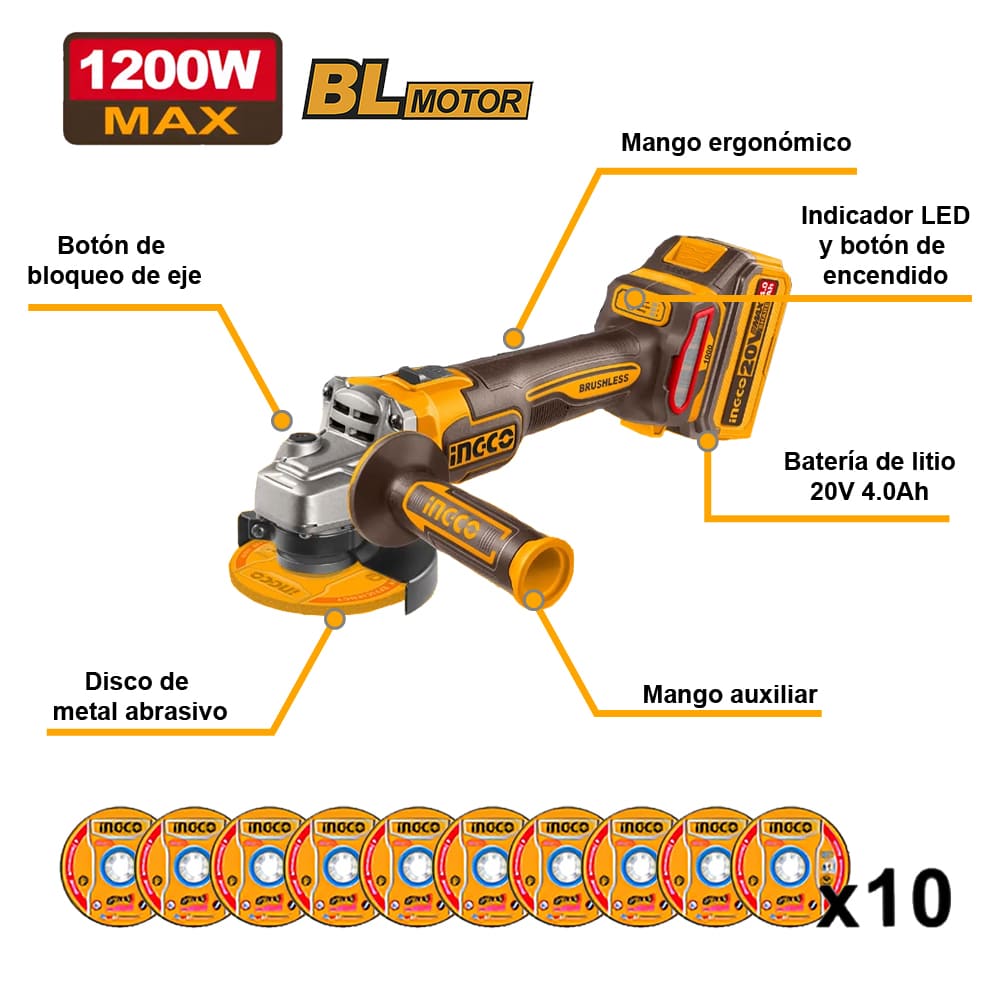 KIT 3 HERRAMIENTAS INGCO PERCUTOR 66NM + AMOLADORA 1200W + LLAVE DE IMPACTO 405NM CKLI20358 - 6