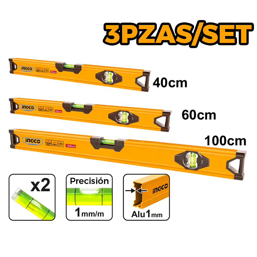 SET 3 NIVELES DE ALUMINIO INGCO 40CM + 60CM + 100CM HSL10403 - 1