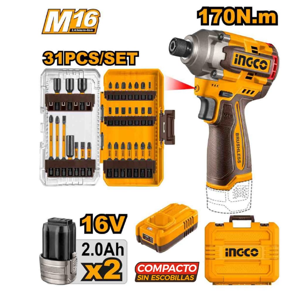 ATORNILLADOR DE IMPACTO BRUSHLESS INGCO 16V 170NM + 2 BATERÍAS 2.0AH + 1 CARGADOR COSLI241083 - 1