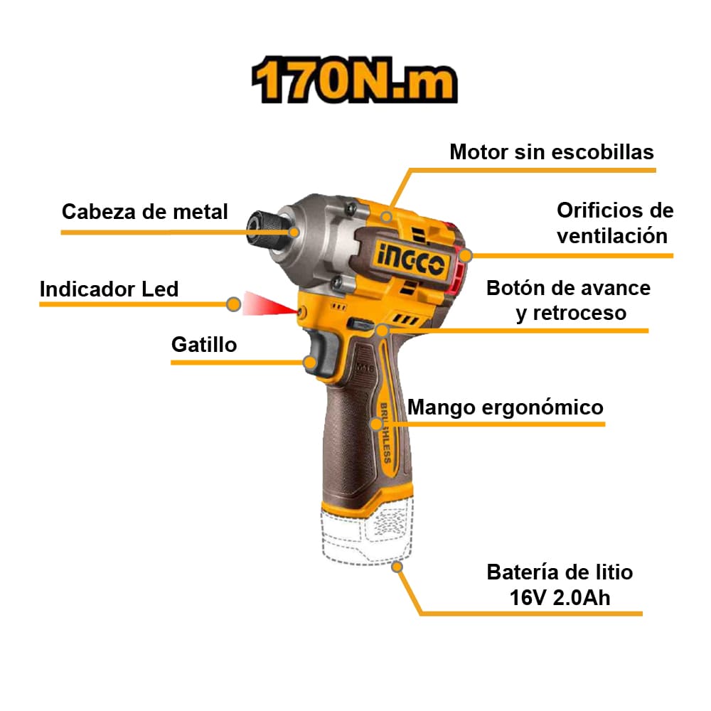 ATORNILLADOR DE IMPACTO BRUSHLESS INGCO 16V 170NM + 2 BATERÍAS 2.0AH + 1 CARGADOR COSLI241083 - 2