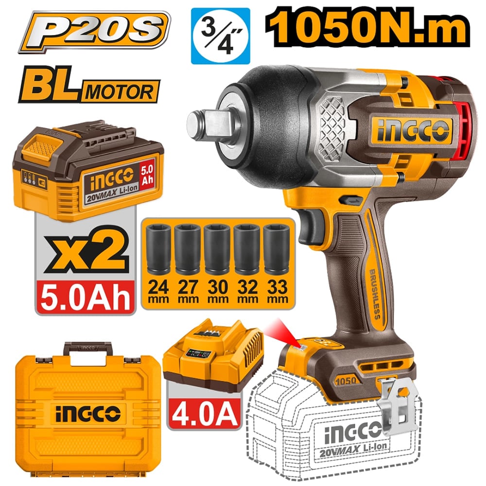 LLAVE DE IMPACTO BRUSHLESS INGCO 20V 1050NM 3/4' + 2 BATERÍAS 5.0AH + 1 CARGADOR 4.0A CIWLI20105 - 1