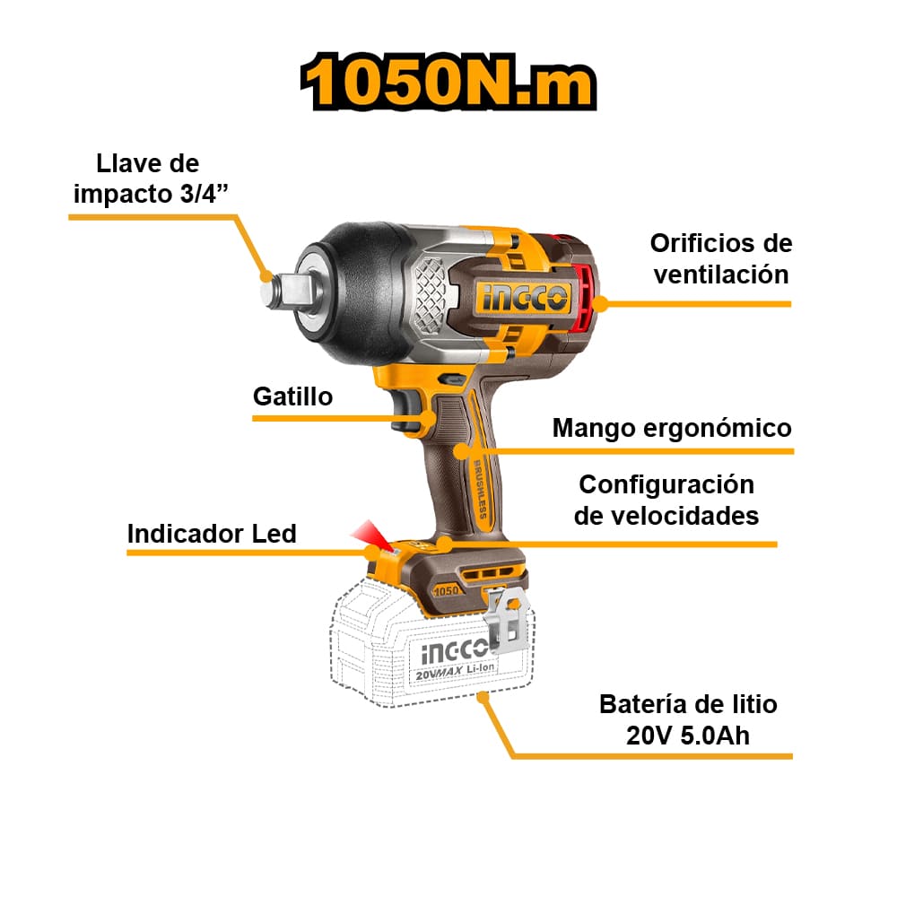 LLAVE DE IMPACTO BRUSHLESS INGCO 20V 1050NM 3/4' + 2 BATERÍAS 5.0AH + 1 CARGADOR 4.0A CIWLI20105 - 2