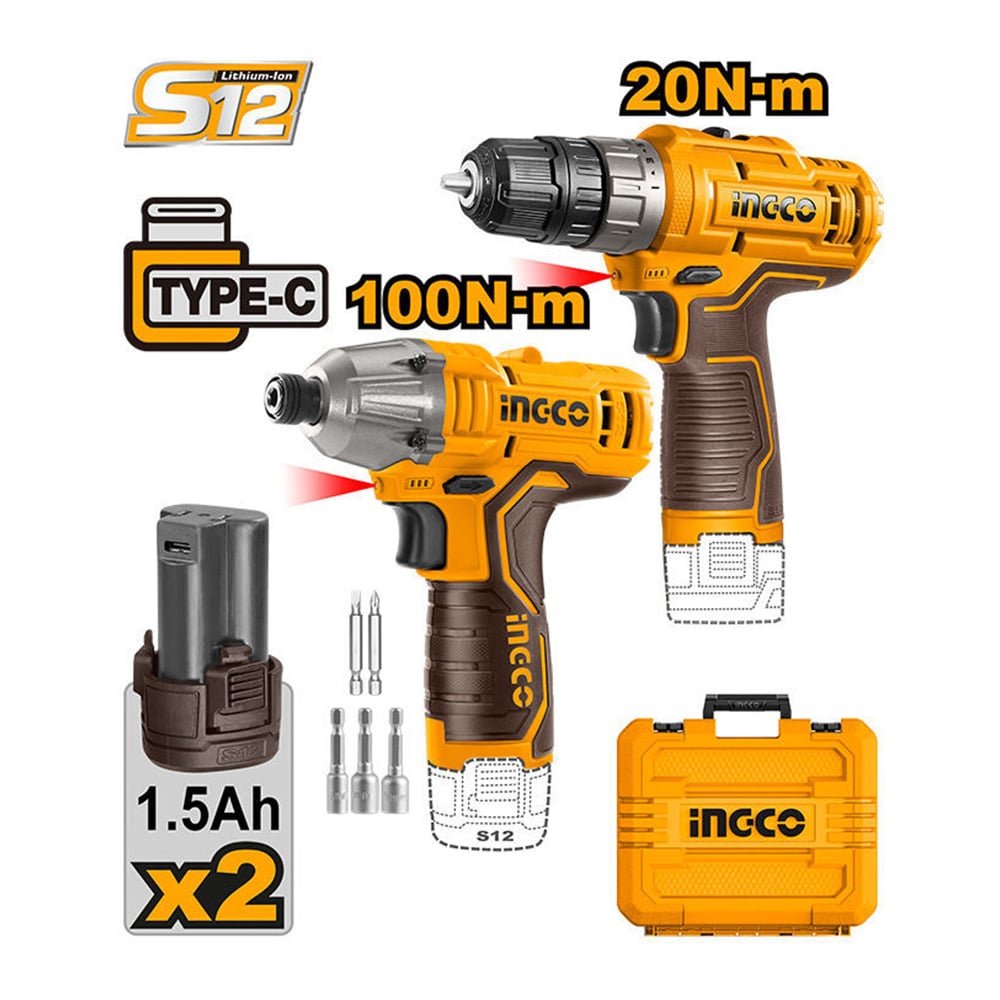 KIT ATORNILLADOR INGCO 12V 20NM + ATORNILLADOR DE IMPACTO 12V 100NM + 2 BATERÍAS 1.5AH COSLI240586 - 1