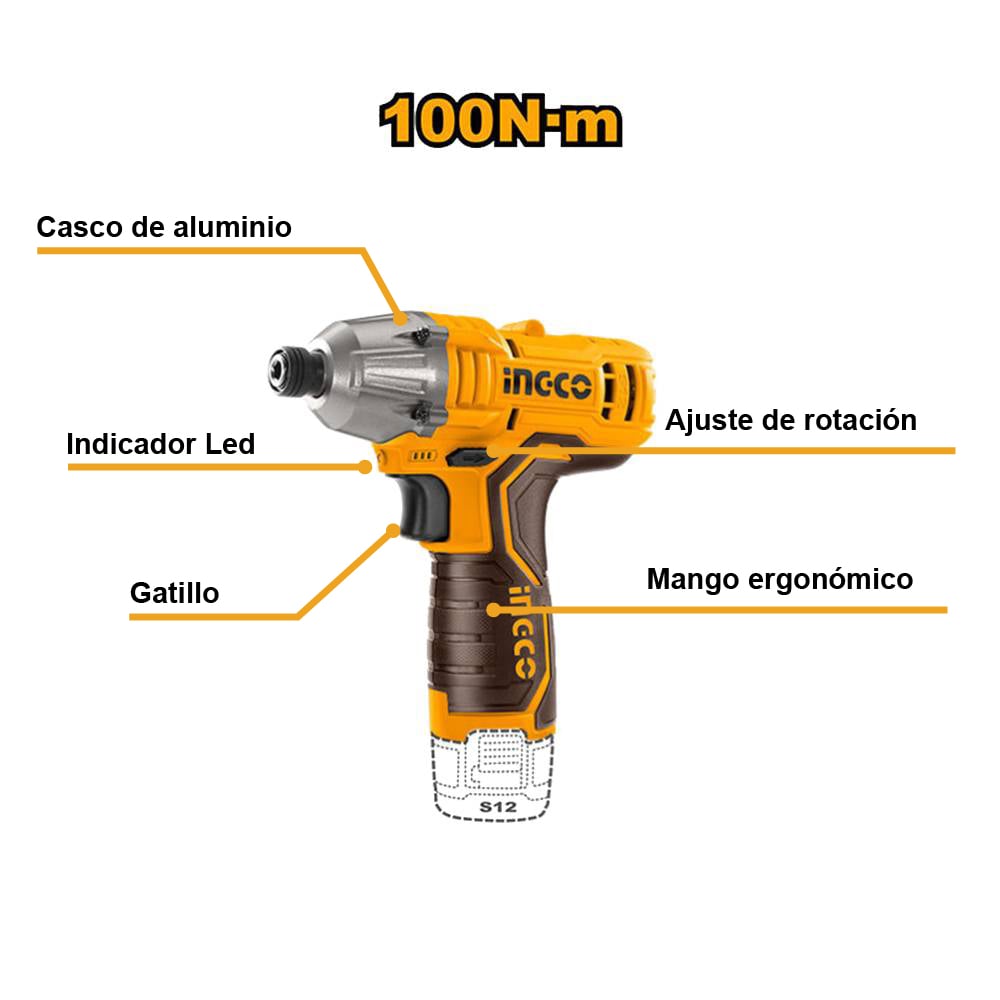 KIT ATORNILLADOR INGCO 12V 20NM + ATORNILLADOR DE IMPACTO 12V 100NM + 2 BATERÍAS 1.5AH COSLI240586 - 6