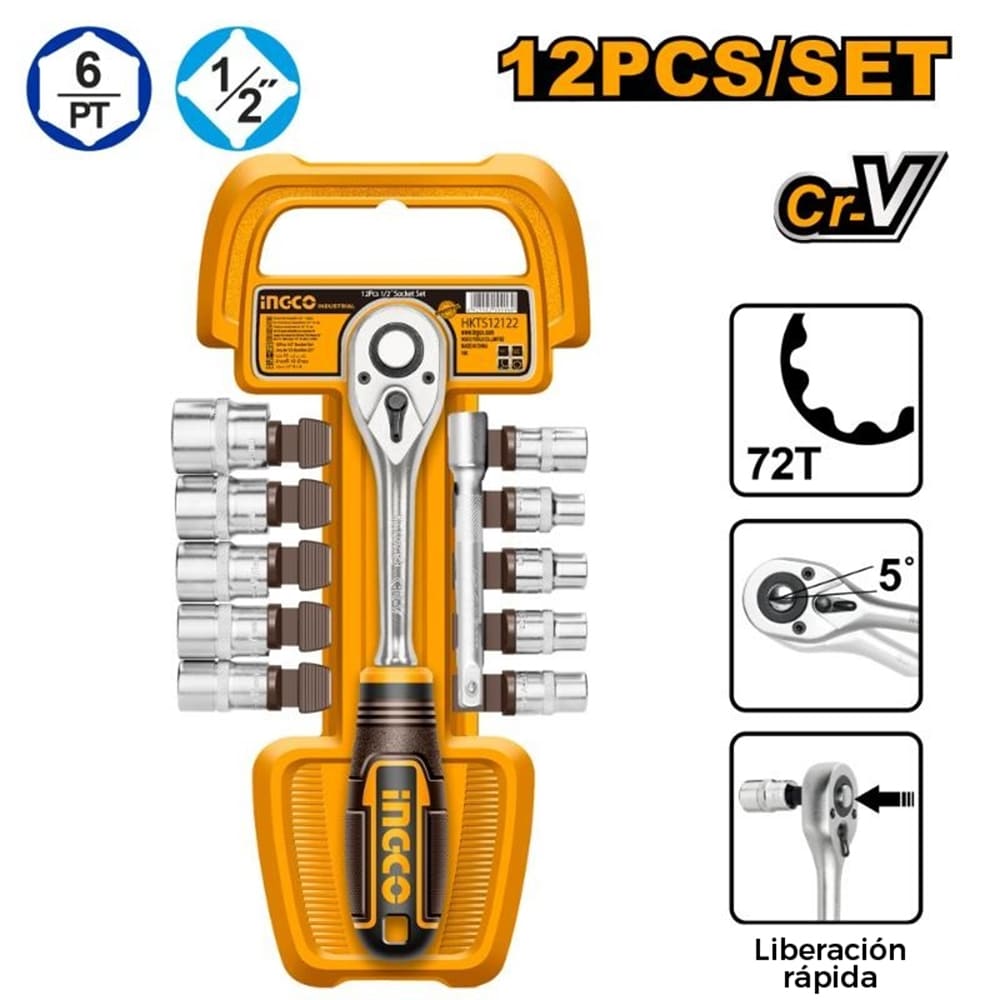 SET 12 DADOS CON LLAVE RATCHET 1/2' Y BARRA DE EXTENSIÓN 5' INGCO HKTS12122 - 1
