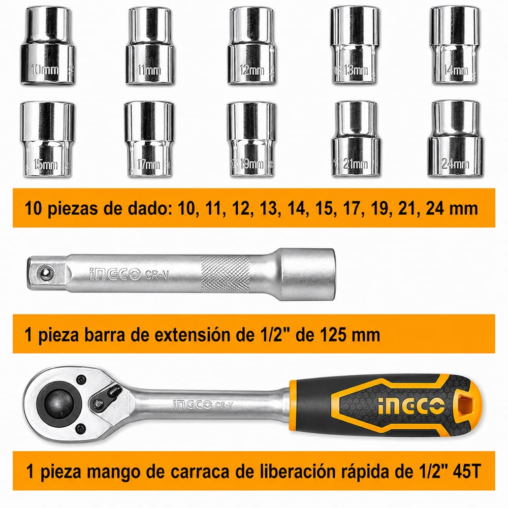 SET 12 DADOS CON LLAVE RATCHET 1/2' Y BARRA DE EXTENSIÓN 5' INGCO HKTS12122 - 3