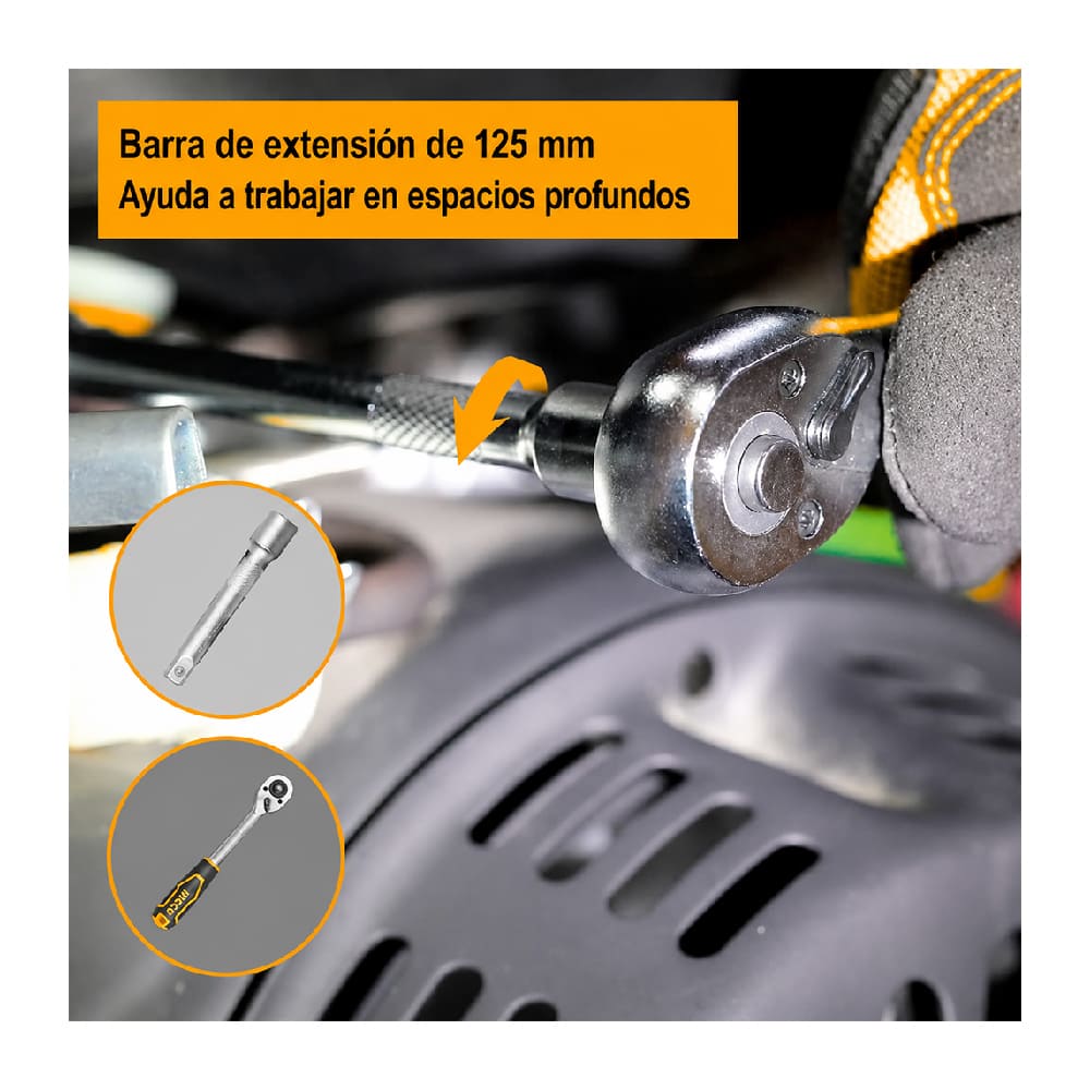 SET 12 DADOS CON LLAVE RATCHET 1/2' Y BARRA DE EXTENSIÓN 5' INGCO HKTS12122 - 4