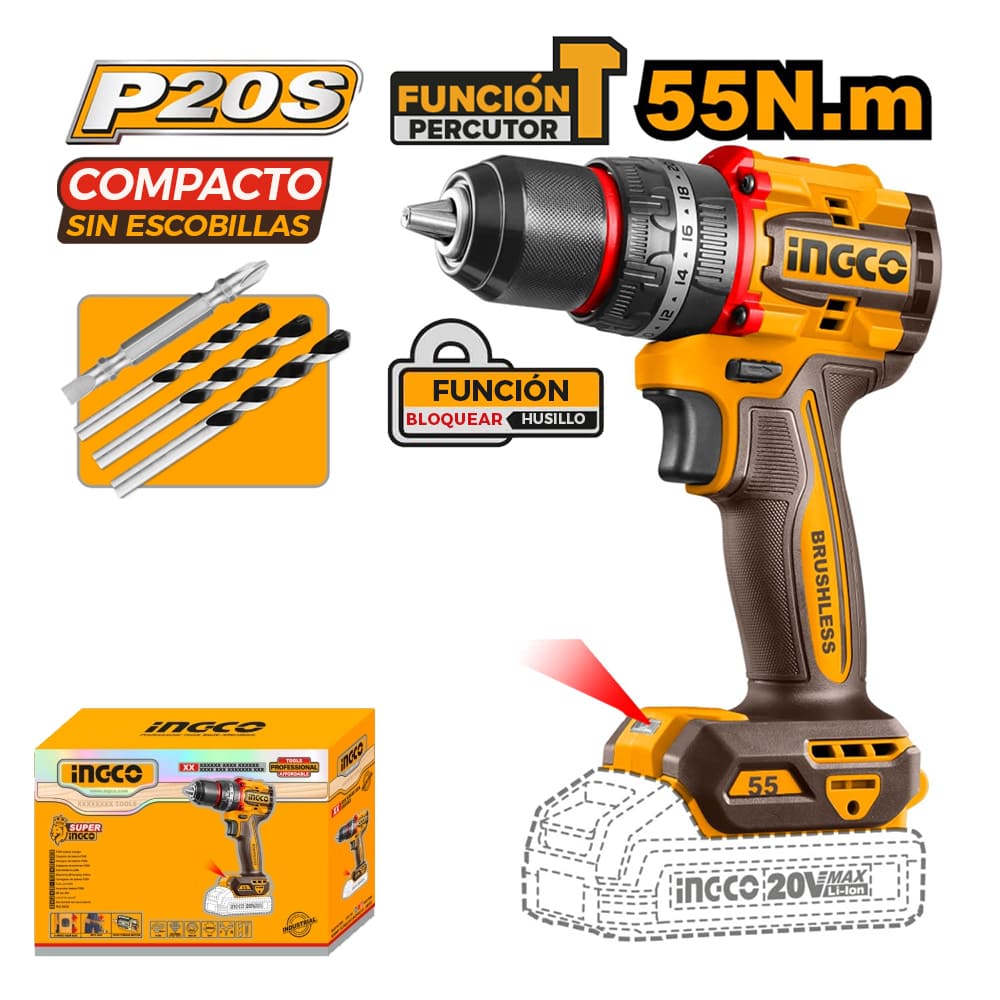 TALADRO PERCUTOR BRUSHLESS CHUCK METÁLICO INGCO 20V 55NM CIDLI205581 - 1