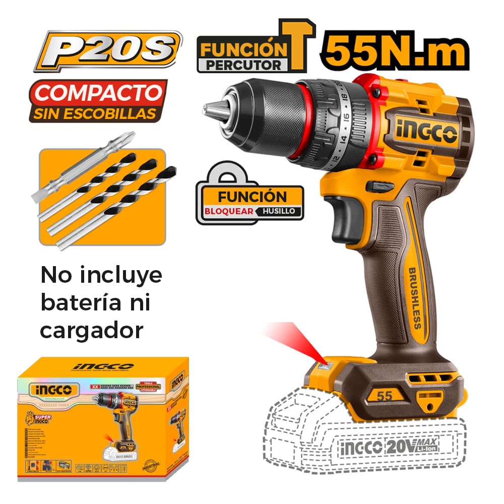 TALADRO PERCUTOR BRUSHLESS CHUCK METÁLICO INGCO 20V 55NM CIDLI205581 - 2