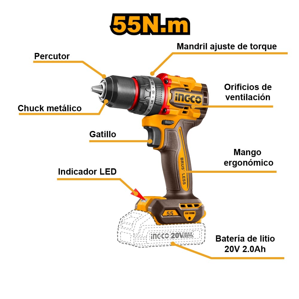 TALADRO PERCUTOR BRUSHLESS CHUCK METÁLICO INGCO 20V 55NM CIDLI205581 - 3