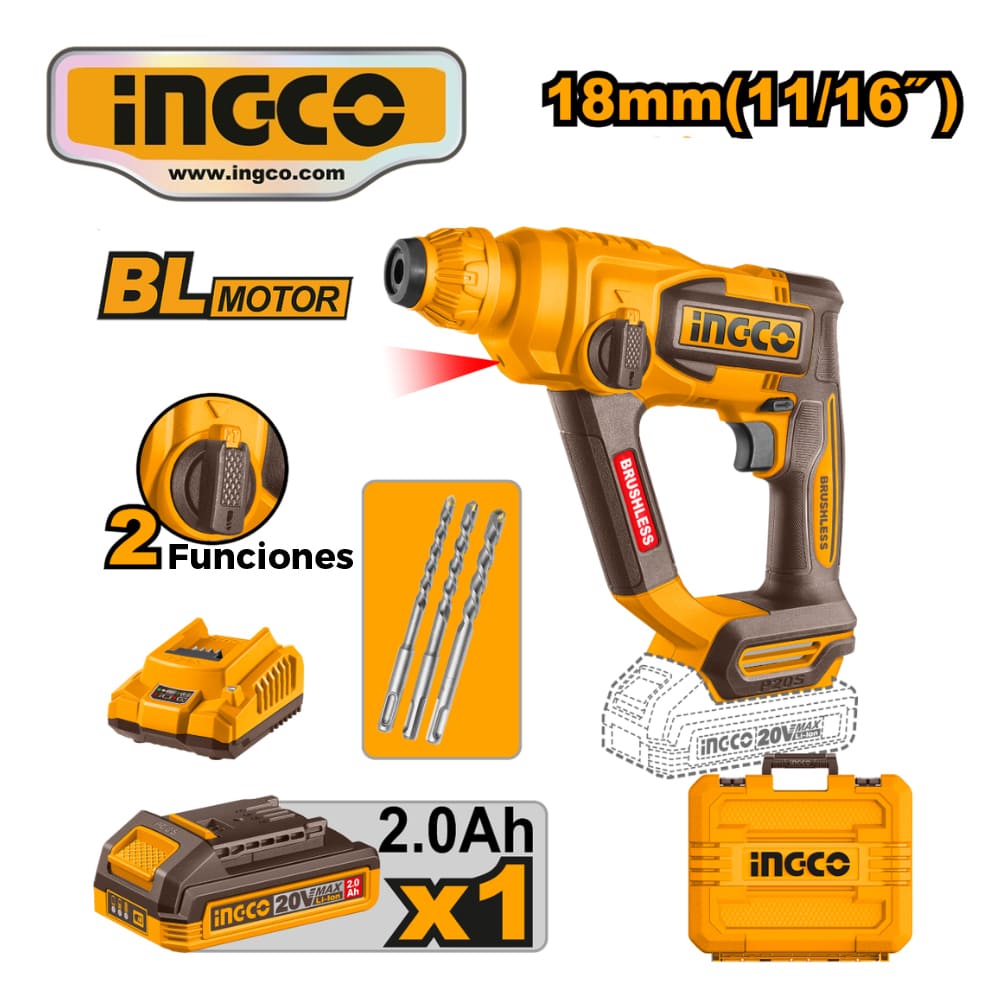 ROTOMARTILLO BRUSHLESS INGCO 20V 18MM 1.8J SDS PLUS + 1 BATERÍA 2.0AH + CARGADOR CRHLI201881 - 1